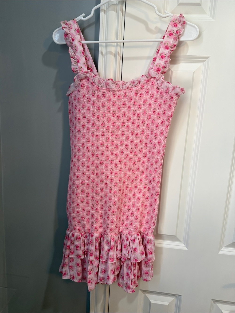 LoveShackFancy Pink Floral Ruffle-Trim Mini Dress